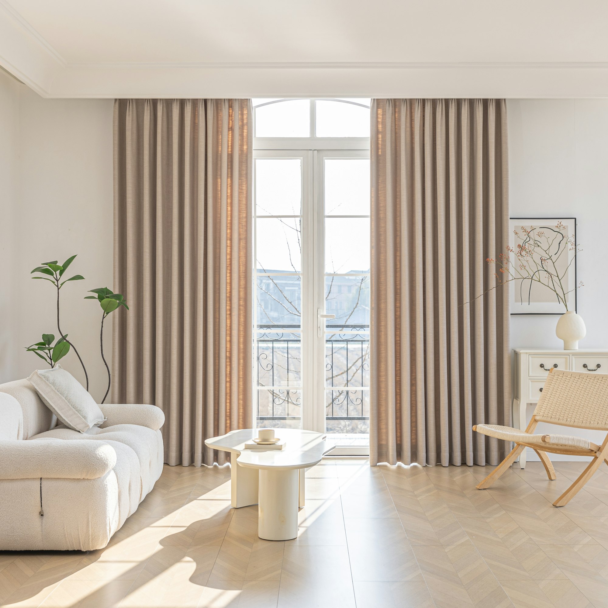 Living room with floor-length linen curtains and soft natural light